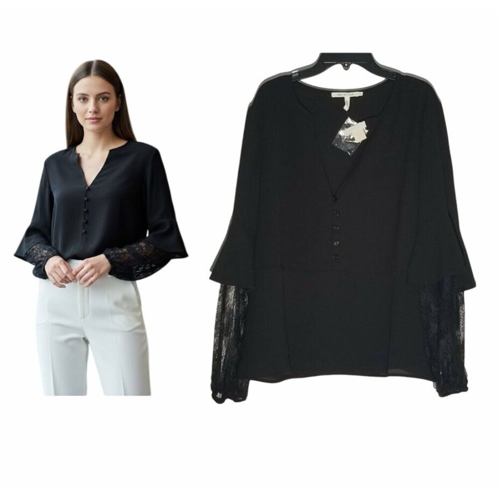 ⭐Avec Les Filles Sz S black boho blouse lace sleeves V-neck 3/4 Button Down New⭐